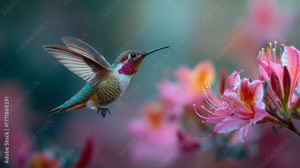 Fototapeta premium Hummingbird feeding on pink flowers during springtime