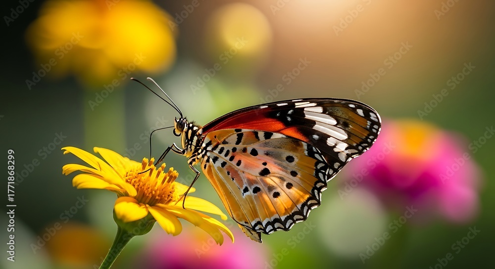 Fototapeta premium Butterfly feeding on a yellow flower nectar in sunlight