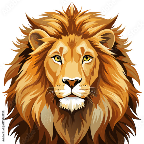 Detailed illustration of a majestic lions head with a full mane, featuring realistic textures and a fierce expression