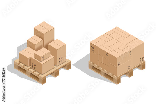 Cardboard boxes stacked on a pallet. Isometric view isolated on a white background. Vector illustration.