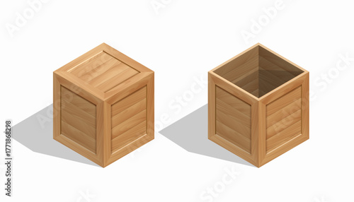 Wooden crates, open and closed. Isometric view isolated on a white background. Vector mockup.