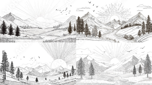 Beautiful mountain landscape sketch with pine trees, sunrise, and flying birds. Black and white hand-drawn illustration showing peaceful nature and scenic wilderness.