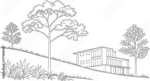 Vector CAD Tree Elevation Drawing. Detailed Outline of Trees and Grass in Clean Architectural Line Style for Landscape, Urban, and Garden Design Plans