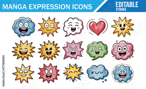 Manga expression emoji vector set — colorful comic faces, hearts, clouds, and star shapes showing emotions like joy, surprise, love, and sadness in Japanese anime doodle style for cartoon illustration