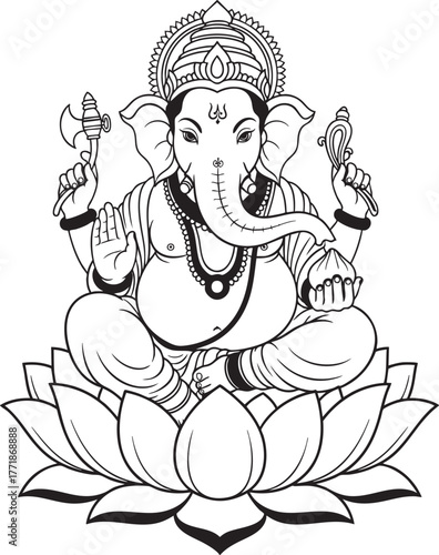 Lord Ganesha Line Art Sitting on Lotus | Hindu God Ganpati Black and White Drawing | Spiritual Elephant Deity Outline | Religious Coloring Page Design | Indian Divine Art Illustration