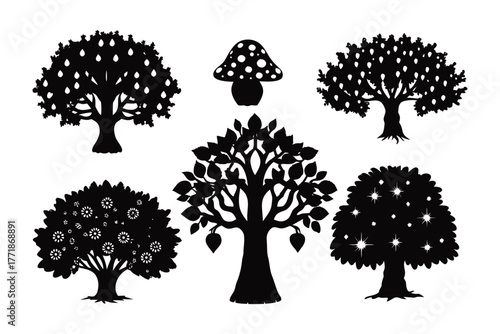 Silhouette Nature's Embrace: An artistic compilation showcases elegant silhouettes of various trees and a mushroom, offering a captivating glimpse into the serene beauty of the natural world.