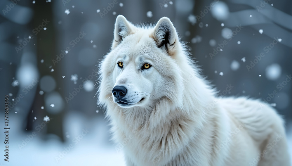 Fototapeta premium Lone Wolf Under Full Moon in Forest Morning