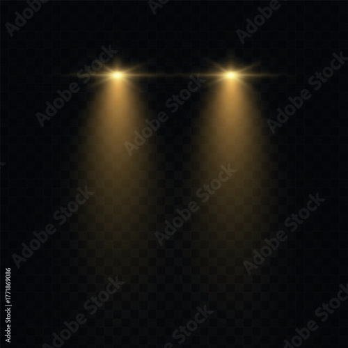 Car lights effect on transparent backdrop. Isolated yellow headlights. Realistic automobile flares. Bright car beams concept. Rays on road. Vector illustration 