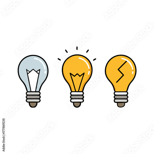 Three stylized light bulbs representing different ideas isolated on white background