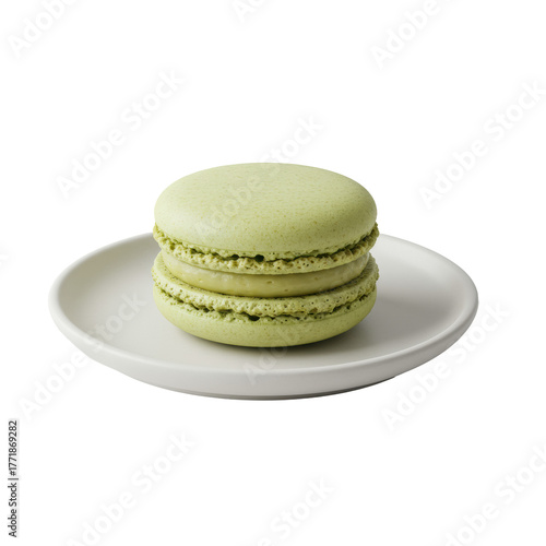 Perfect pistachio macaron with creamy filling on transparent ceramic plate, isolated on transparent background, bright macro studio shot, concept of exquisite quality and gourmet appeal