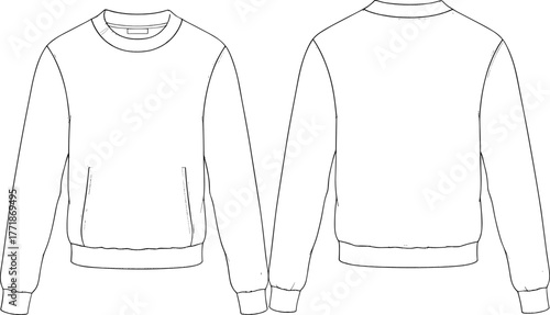 Crew neck sweatshirt flat fashion technical sketch front and back view, CAD drawing apparel design, vector clothing illustration template
