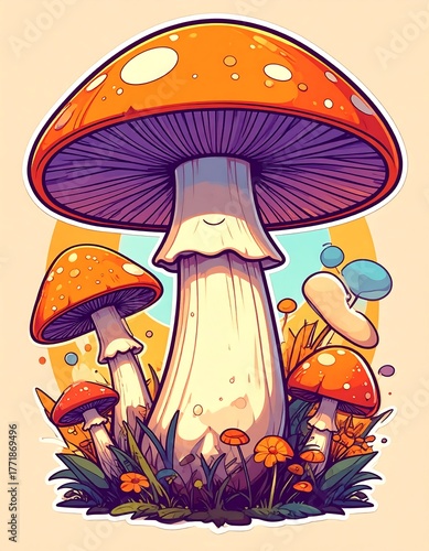 Whimsical Mushroom Garden - A Colorful Cartoon Illustration.