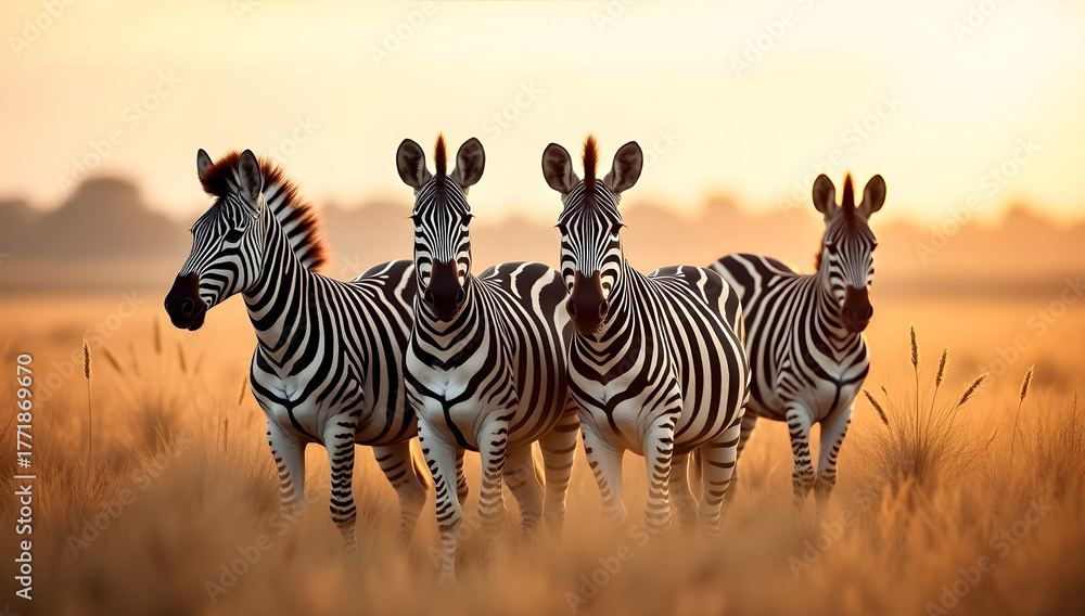 Fototapeta premium Zebras Walking Across Savannah During Sunset