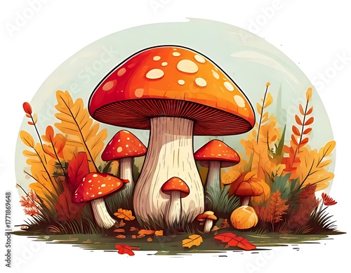 Whimsical Mushroom Patch - A Colorful Autumnal Scene.