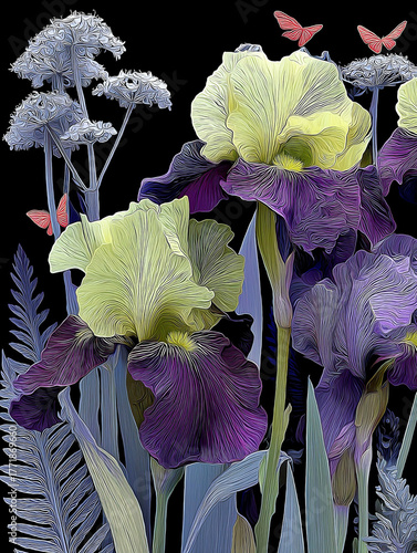 Vibrant Irises and Butterflies in Dark Floral Garden. Elegant Botanical Oil Painting, Colorful Nature Artwork with Purple and Yellow Flowers on Black Background