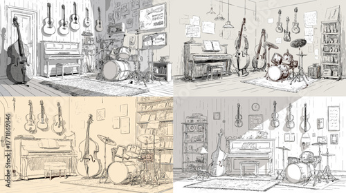 Vintage music studio sketch with drum set, guitars, and piano. Hand-drawn interior illustration showing creative workspace for musicians in monochrome artistic style.
