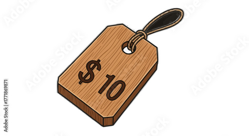 Ten dollar wooden price tag with string, perfect for retail promotions or sales events