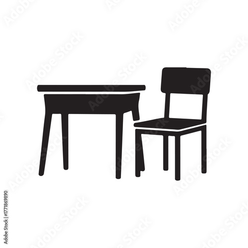 Vintage brown wooden table and chairs furniture set for interior room design or home office