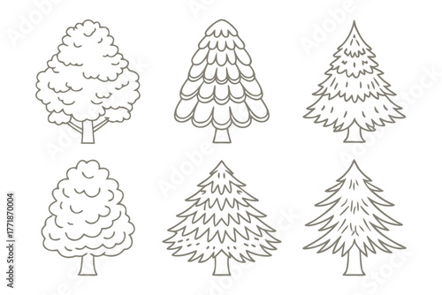 Evergreen Tree Variations: A collection of various stylized evergreen trees, each showcasing unique characteristics. Perfect for illustrations related to ecology.