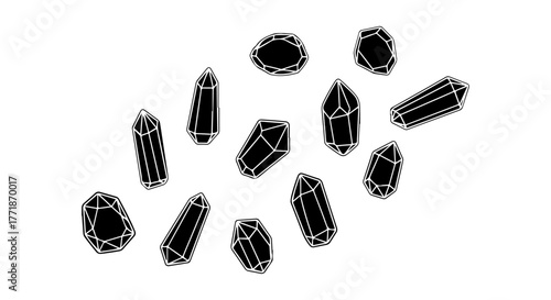 Collection of hand drawn black and white crystals and gemstones