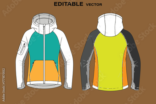 Front and back view of a colorful hooded jacket with pockets