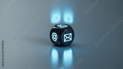 Communication Dice: A minimalist image features a sleek, black dice illuminated with digital icons of communication symbols.
