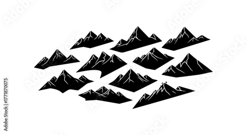Collection of hand drawn black mountain peaks on a white background