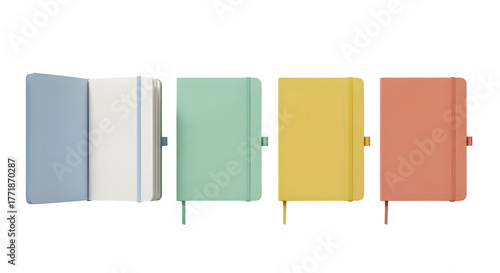 Collection of four pastel colored notebooks with elastic closure on black background