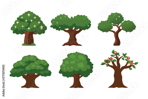 Botanical Variety: An array of stylized trees showcase diverse shapes and verdant foliage. Illustrating the beauty of arboreal forms, highlighting the variety of nature.