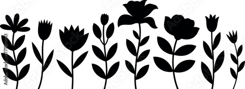 A silhouette of various floral designs lined up against a white background.