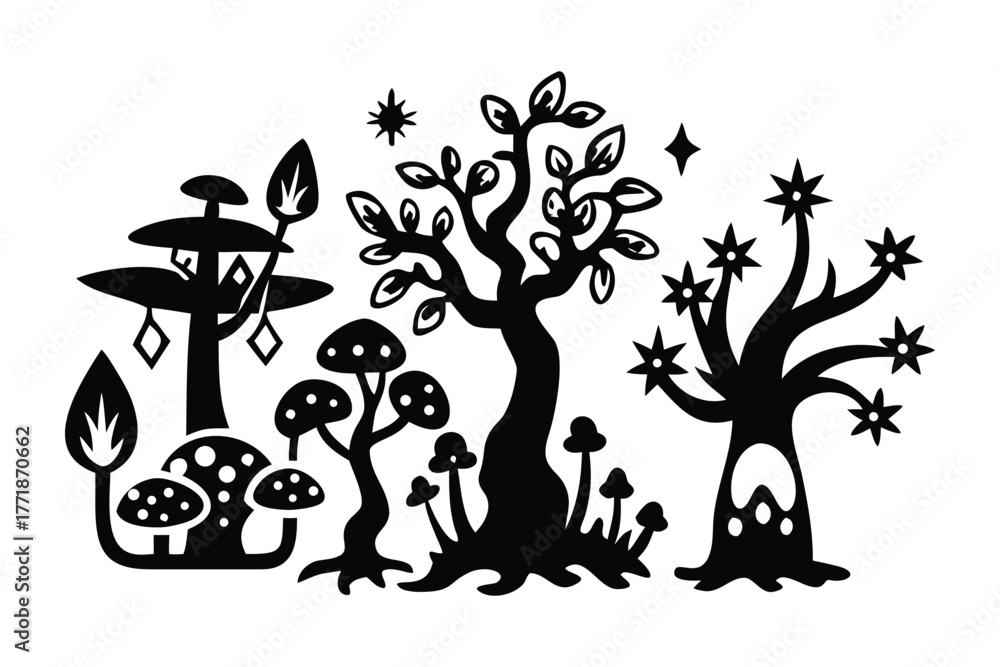 Naklejka premium Whimsical Forest: A charming silhouette of trees and mushrooms creates a magical woodland scene with stars shining in the sky.
