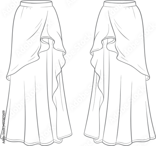 Elegant long ruffle skirt fashion flat sketch with layered hemline front and back technical drawing, apparel design cad vector illustration