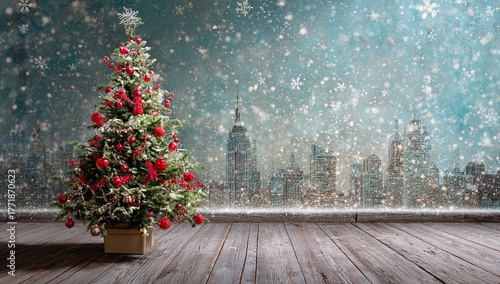 Christmas tree with red ornaments on a wooden floor against a New York City skyline background with snow falling and winter atmosphere.