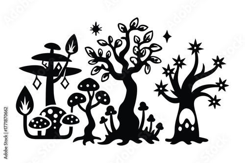 Whimsical Forest: A charming silhouette of trees and mushrooms creates a magical woodland scene with stars shining in the sky. 