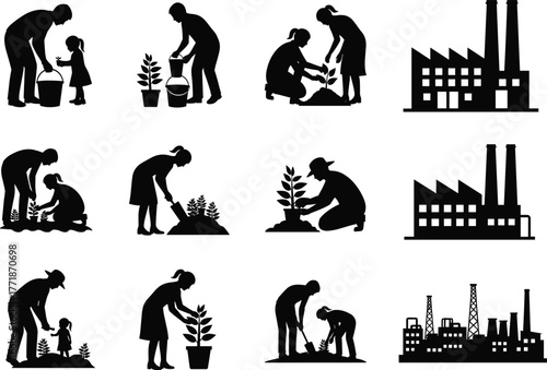 Family gardening and tree planting silhouette vector illustration, eco-friendly people growing plants near industrial factory, environmental protection, sustainability, nature care concept design