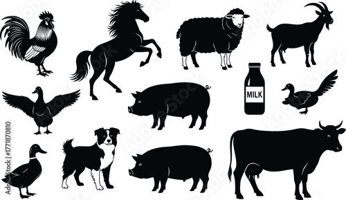 Farm animals silhouette collection with cow, horse, sheep, goat, pig, rooster, duck, dog, milk bottle, agriculture livestock vector illustration design