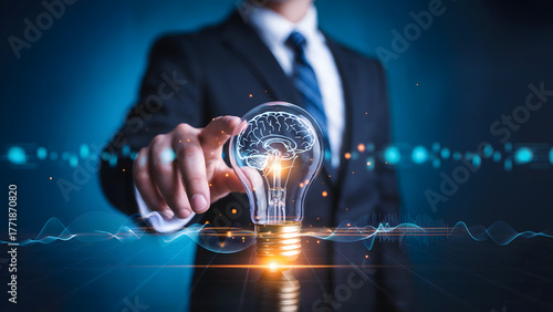 Unlock Your Potential: Businessman Taps into Brainpower with Innovative Lightbulb Idea, Sparking Inspiration and Intelligence for Success