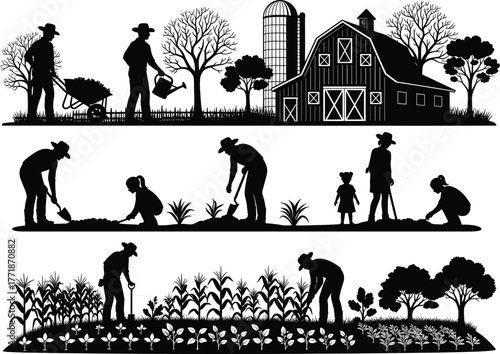 Farmers and family working together on agricultural field, planting and watering crops, countryside barn farm landscape vector illustration for agriculture design