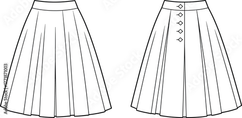 Front and back view flat sketch of pleated women skirt with button details, fashion technical drawing template, vector apparel illustration design