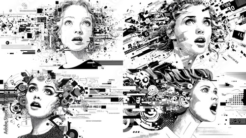 Abstract futuristic portrait of a woman blended with geometric and digital elements. High-contrast black and white illustration symbolizing technology, imagination, and creativity.