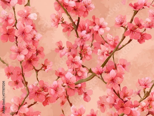 Vibrant pink cherry blossoms dense floral pattern branches pastel peach background springtime bloom wallpaper