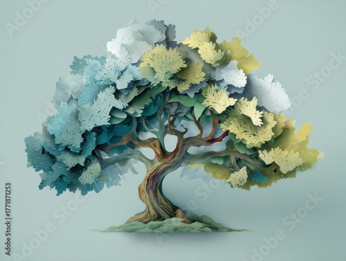 Textured Paper Cut Tree Diverse Foliage Blue Green Yellow Tones Minimalist Background