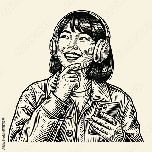 Happy young woman listening to music on headphones with a phone in a vintage engraving style