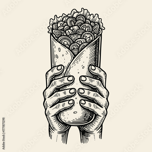 Hands holding a burrito wrap in a vintage hand-drawn engraving style