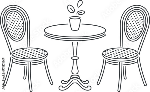 A bistro table with two chairs and a cup of coffee is depicted.