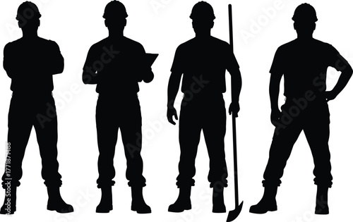 Group of construction workers wearing safety helmets and boots, holding tools and clipboard, teamwork concept vector illustration for industrial labor design
