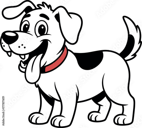 A happy cartoon dog with its tongue hanging out wearing a red collar.