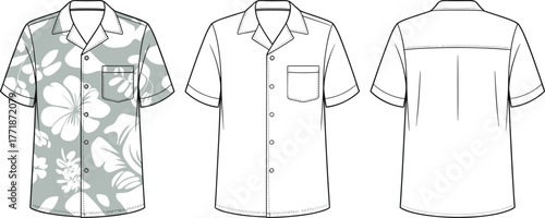 Hawaiian floral short sleeve shirt front and back flat sketch, summer casual beachwear fashion template, cad drawing flat vector illustration
