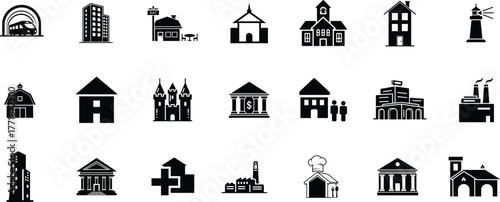 Collection of diverse silhouette buildings and architectural structures in a grid layout