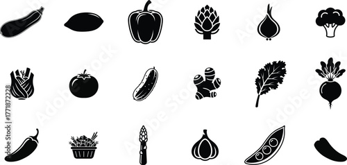 Collection of black and white silhouette icons representing various fresh vegetables and fruits on a white background